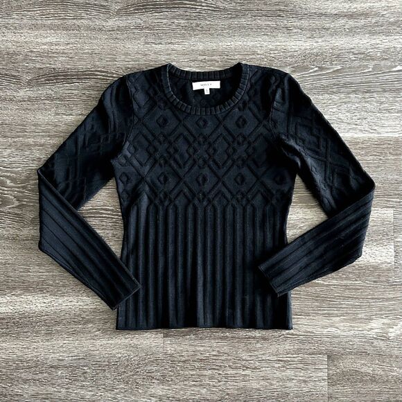 EUC‎ MILLY Black Geometric Ribbed Knit Sweater Top Size Small Stretchy Crew Neck - Picture 11 of 13